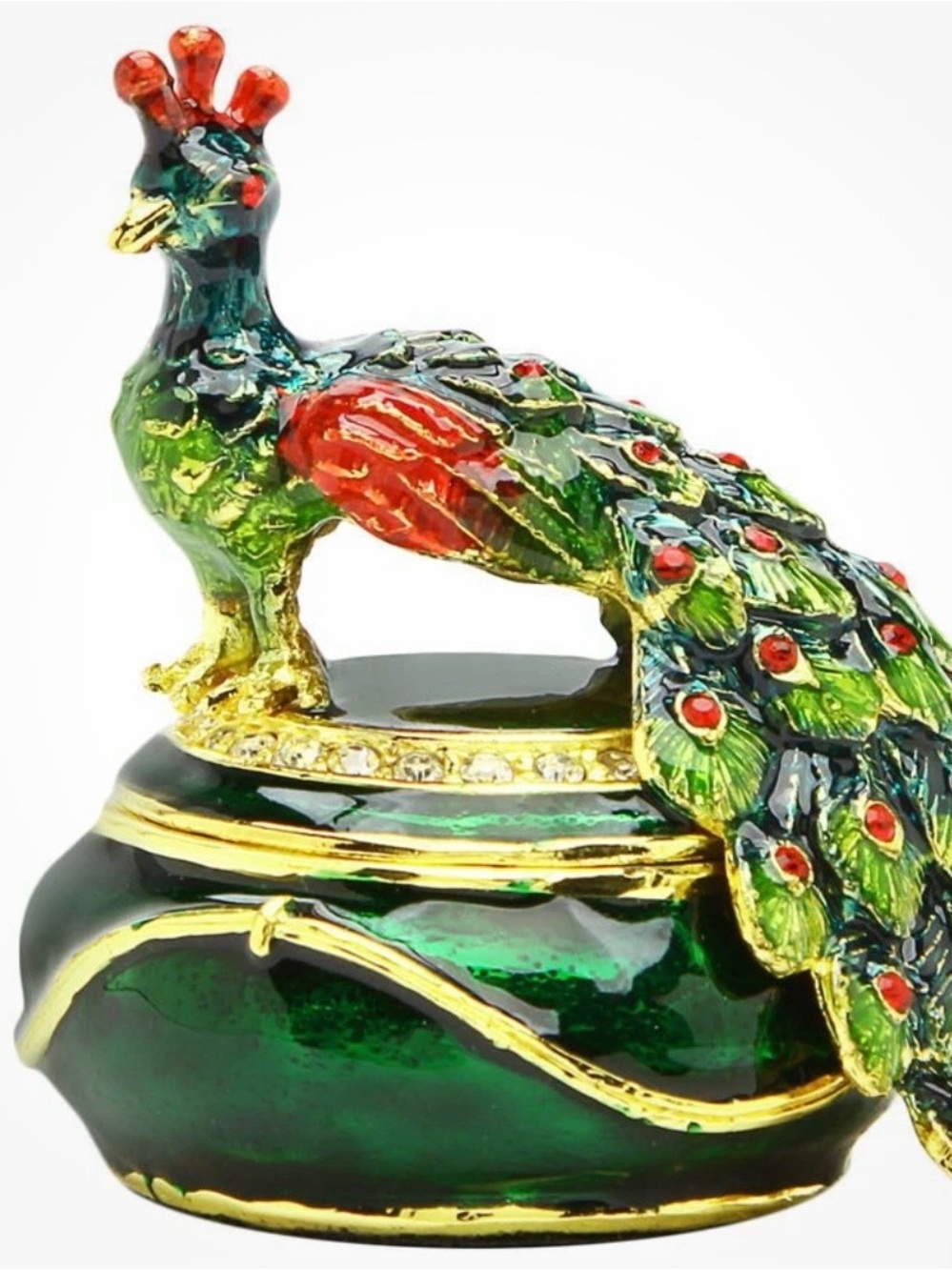 Enamel Peacock Trinket Box - Green & Red Decorative Jewelry Box